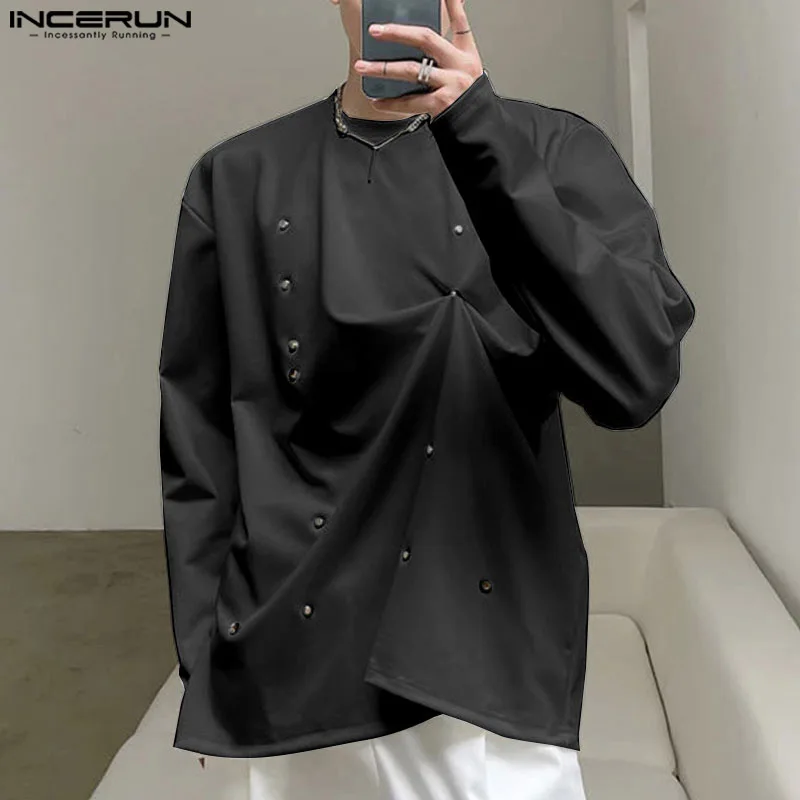 INCERUN 2024 Handsome New Men Button Deconstruction T-shirts Casual Well Fitting Male O-neck Loose Solid Long Sleeved Tees S-5XL