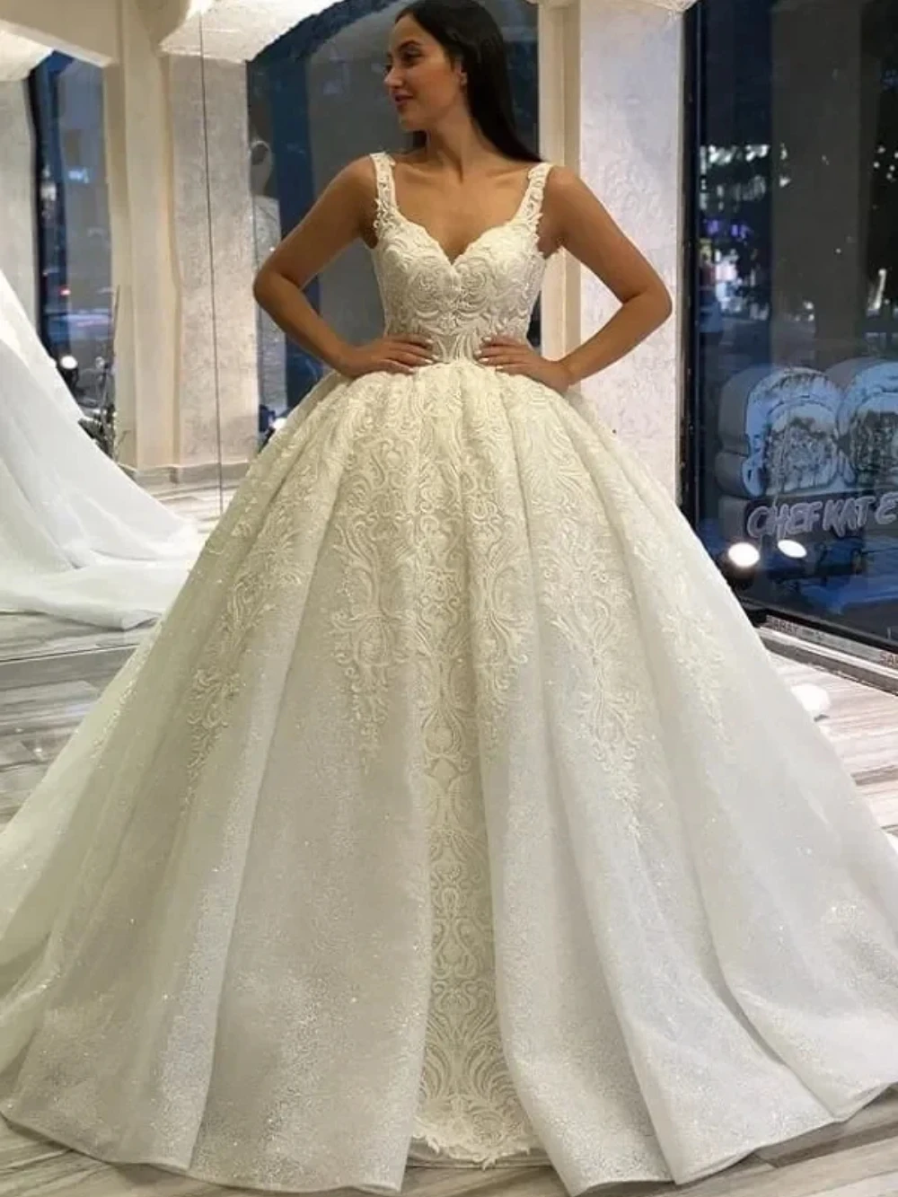Luxury Sparkly Lace Ball Gown Wedding Dress V Neck Sleeveless Lace Up Back Beaded Bridal Gown With Cathedral Train Customized