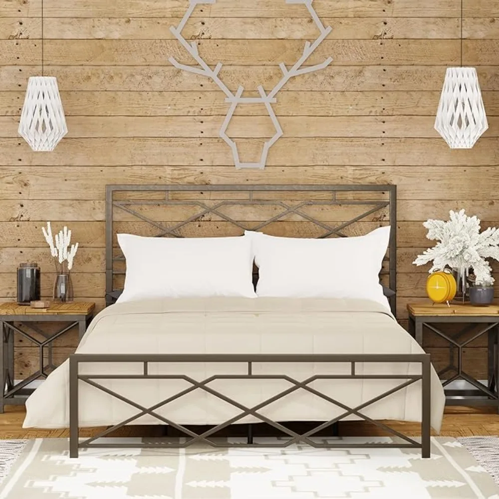 Metal SNAP Bed Frame - Carbon Steel with Rustic Pewter Finish Folding Bed Frame - Easy Assembly with Headboard and Footboard