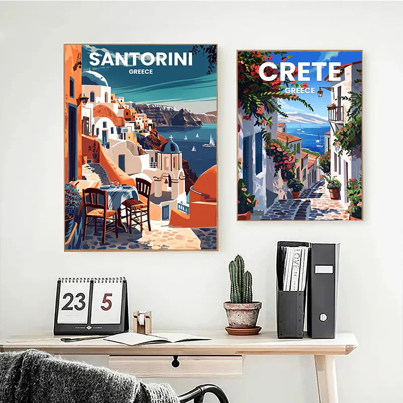 Modern Travel Cities Santorini Rome Crete Paris London Art Poster Canvas Prints Wall Art Painting for Home Living Room Decor