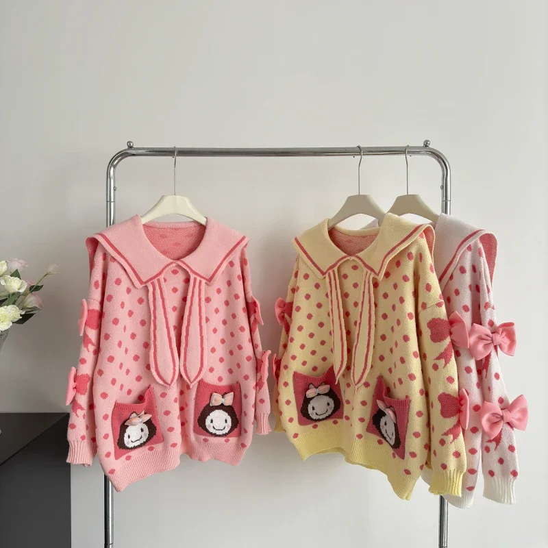 Lazy Style Doll Collar Loose Pullover Sweater for Women Autumn and Winter Designed Bow Knot Age-reducing Large Size Sweater