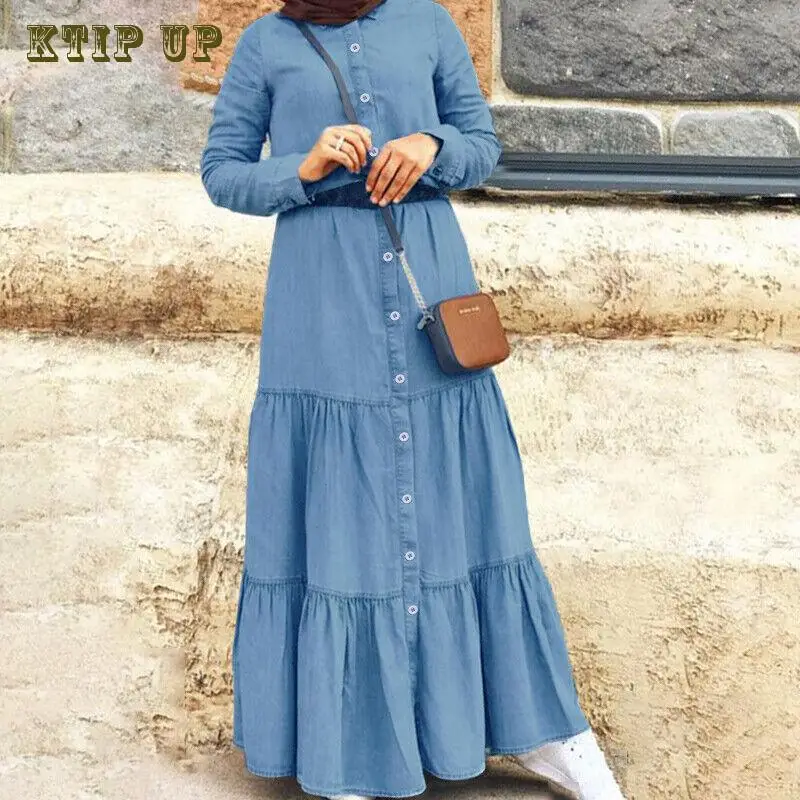 Denim Abaya Women Long Sleeve Maxi Dress Muslim Kaftan Dubai Button Robe Casual Jilbab Arab Gown Islamic Clothing Eid Ramadan