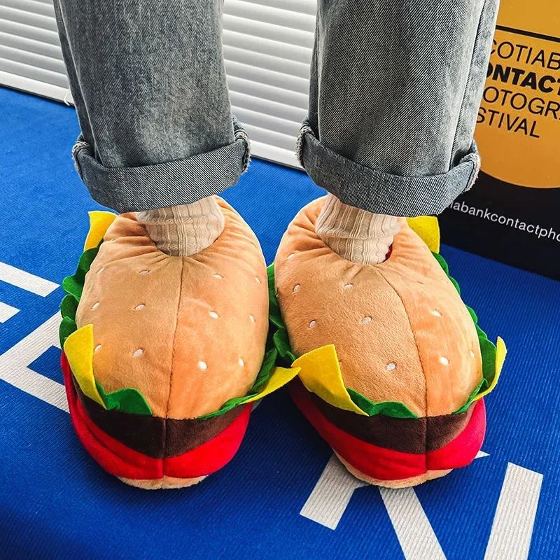 Śmieszne bawełniane kapcie damskie Cute Cartoon Hamburger Shoes jeden rozmiar trampki damskie kapcie domowe ciepłe zimowe slajdy unisex