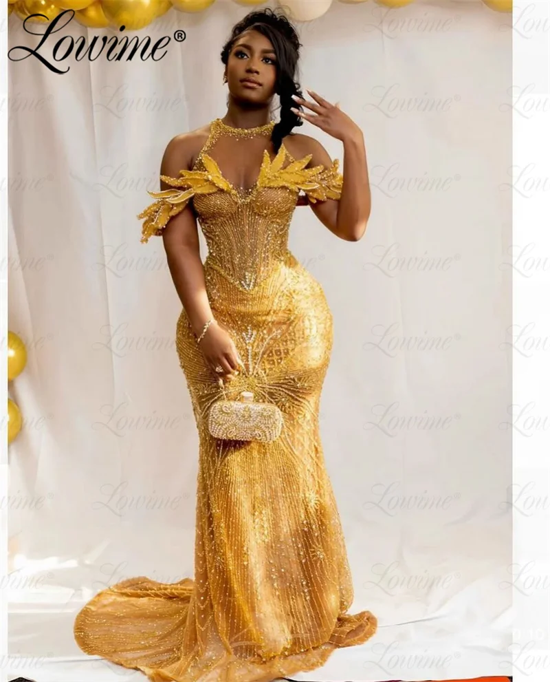 Gold African Prom Dresses Arabic Mermaid Evening Gowns Off Shoulder Plus Size Custom Made Long Party Dress Robe de Soirée 2024