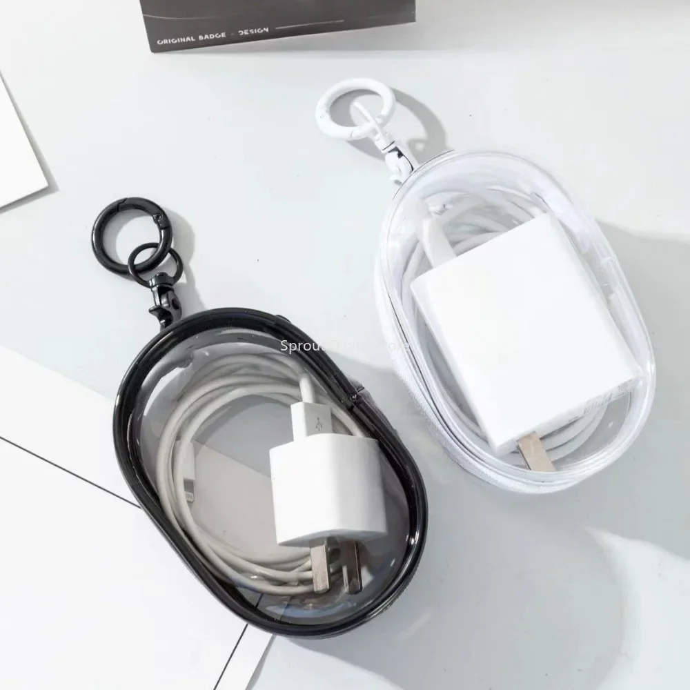 Portable Mini Transparent Storage Bag with Zipper Multifunctional Headphone and Charger Case Travel Accessories with Keychain