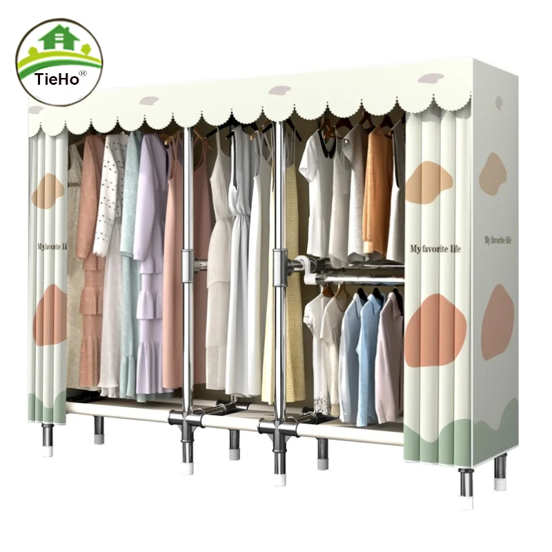 Home Bedroom Full Hung Cloth Wardrobe Space Saving Steel Frame Storage Coat Rack Floor Large Capacity Cabinet Home Furniture