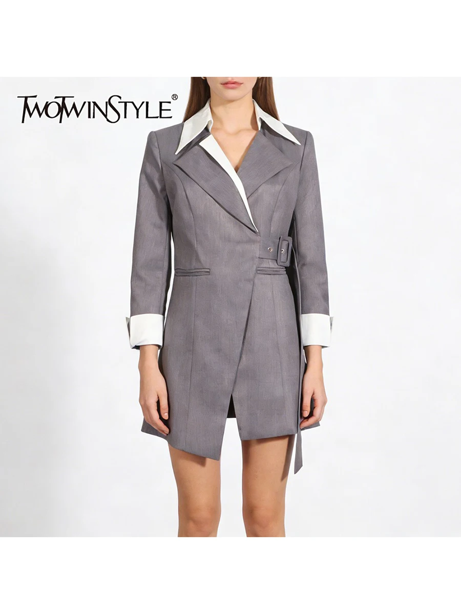 

TWOTWINSTYLE Hit Color Slimming Spliced Belt Design Sense Blazer for Women Lapel Long Sleeve High Waist Irregular Blazers Female