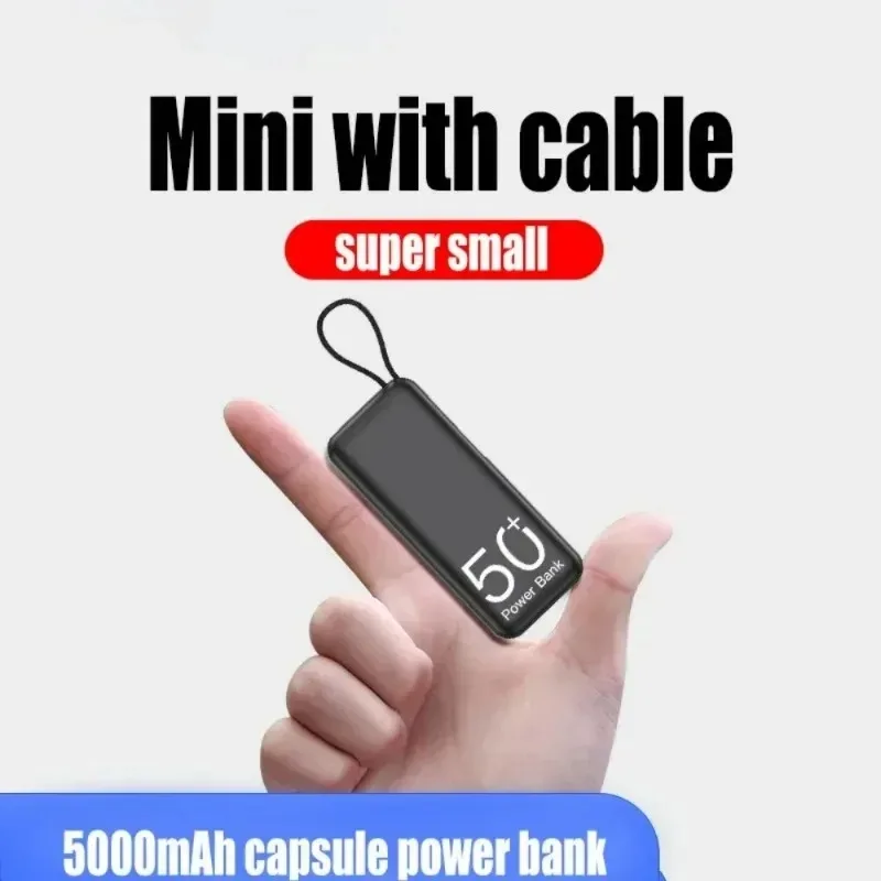 Mini 5000 MAh Power Bank Built-in Cable Portable Battery Pack Mobile Charger for Outdoor Emergency Power Banks Station