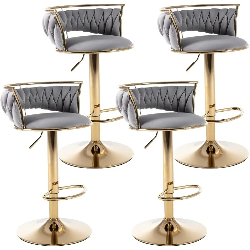 Velvet Adjustable Barstools Set of 4, 360° Swivel Counter Stools with Golden Base Upholstered Open Back Tall Bar Chairs