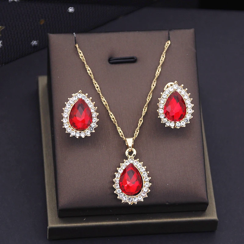 Waterdrop Crystal Pendants Necklace Earrings Sets for Women Jewelry Set Bridal Wedding Choker Neckalce Sets Fashion