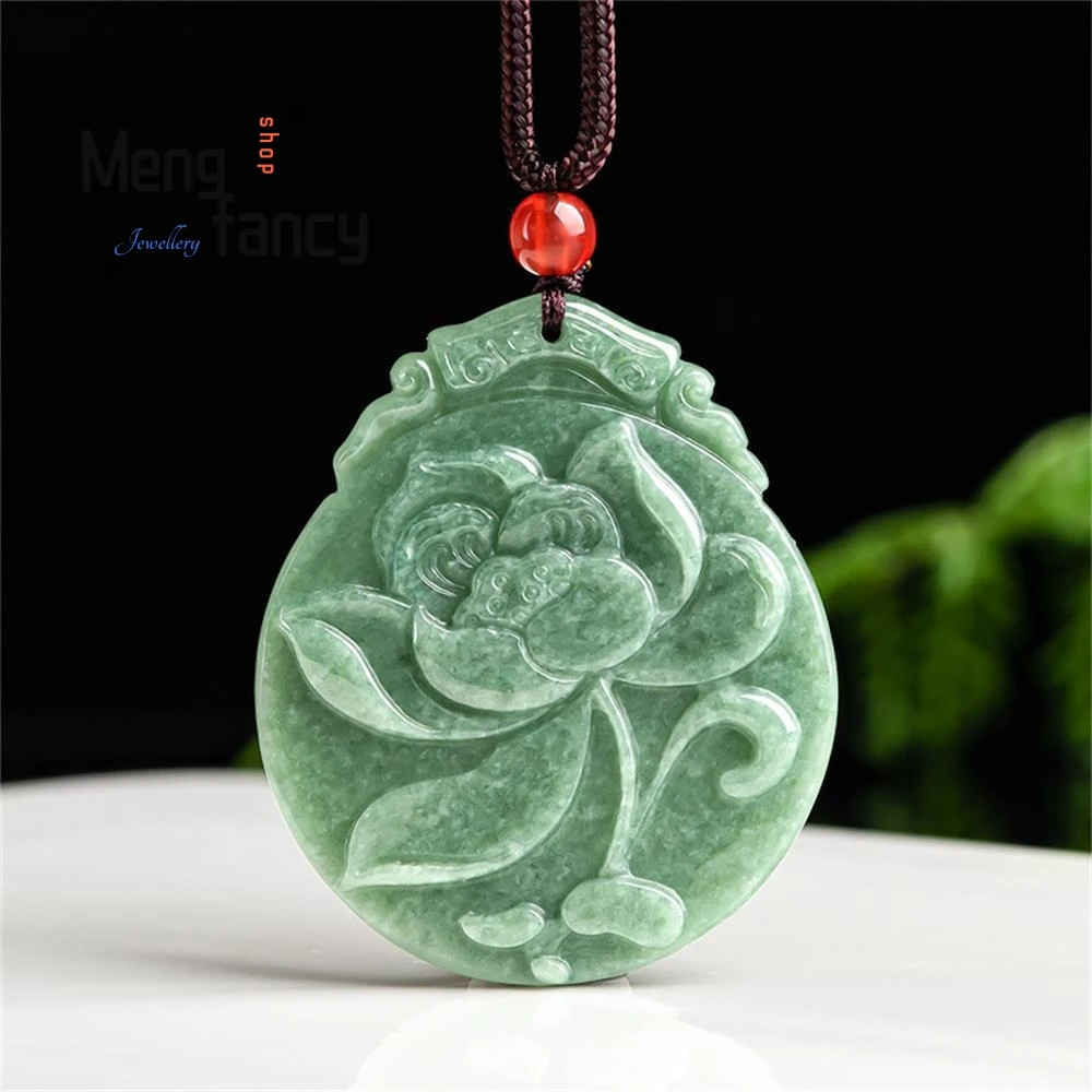 

Natural Jadeite Lotus Pendant Charms Fashion Engraver Fine Jewelry Amulet Mascots Men Women Couple Luxury Souvenir Holiday Gifts