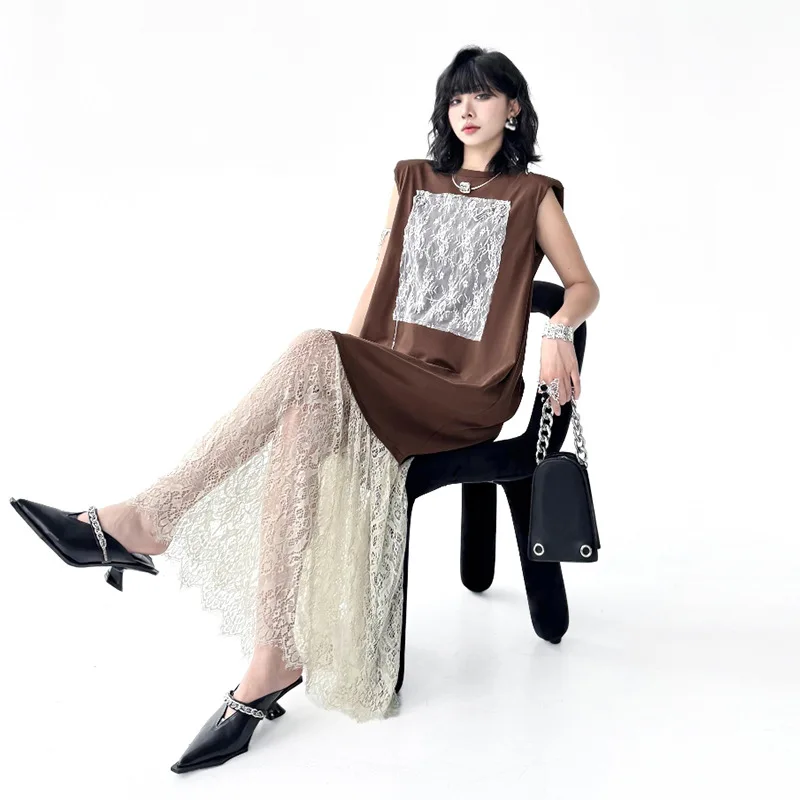 Tannt femmes robe dentelle Patchwork irrégulière couleur correspondant t-shirts robes asymétrie sans manches mode longues robes d'été 2025