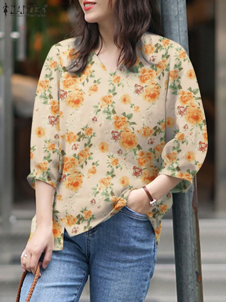 Zanzea Sommer Frauen Blumen bedruckte Bluse Vintage Shirt Bohemian Tunika Tops lässig V-Ausschnitt 3/4 Ärmel Blusas Mujer Femme 2024