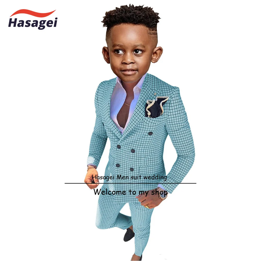 Terno xadrez de peito duplo para meninos, blazer formal para crianças, jaqueta e calça na moda, smoking de casamento, festa de 2 a 16 anos, 2 PCs