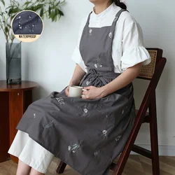 Gerring 2022 New Korean Embroidered Apron Cotton Linen Waterproof Strap Apron With Pockets Breathable Flower Shop Work Apron