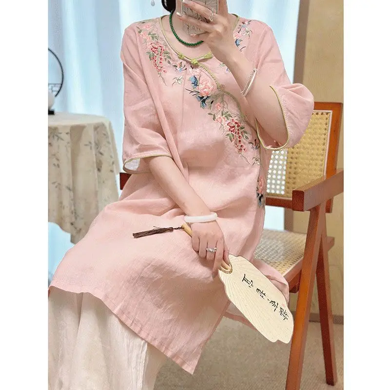 Retro Sommer Neue Chinesische Stil Hochwertige Gestickte Top Kleid Temperament Zen Tee Kleidung Hemd Rock Weiblichen Ethnischen Stil