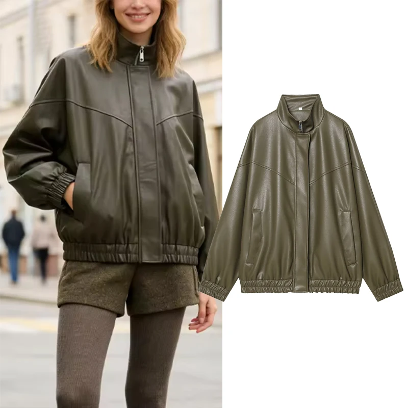 

Women's Faux Leather Jacket Coats Autumn Winter Fashion Stand Collar Long Sleeve Coats Vintage Female Outerwear Chic Tops