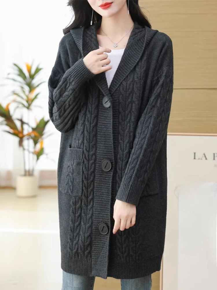 Thiened Knitted Cardigan Women's Spring Outerwear Long Sve Hooded Pure Color Sweater Coat Korean Sle Commute Faion