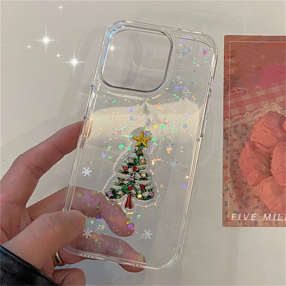 Luxury 3D Diamand Christmas Tree Case For iPhone 16 15 12 11 Pro Max 13 MiNi 14 Plus X XS Max XR 7 8 SE2 Cute Epoxy Clear Cover