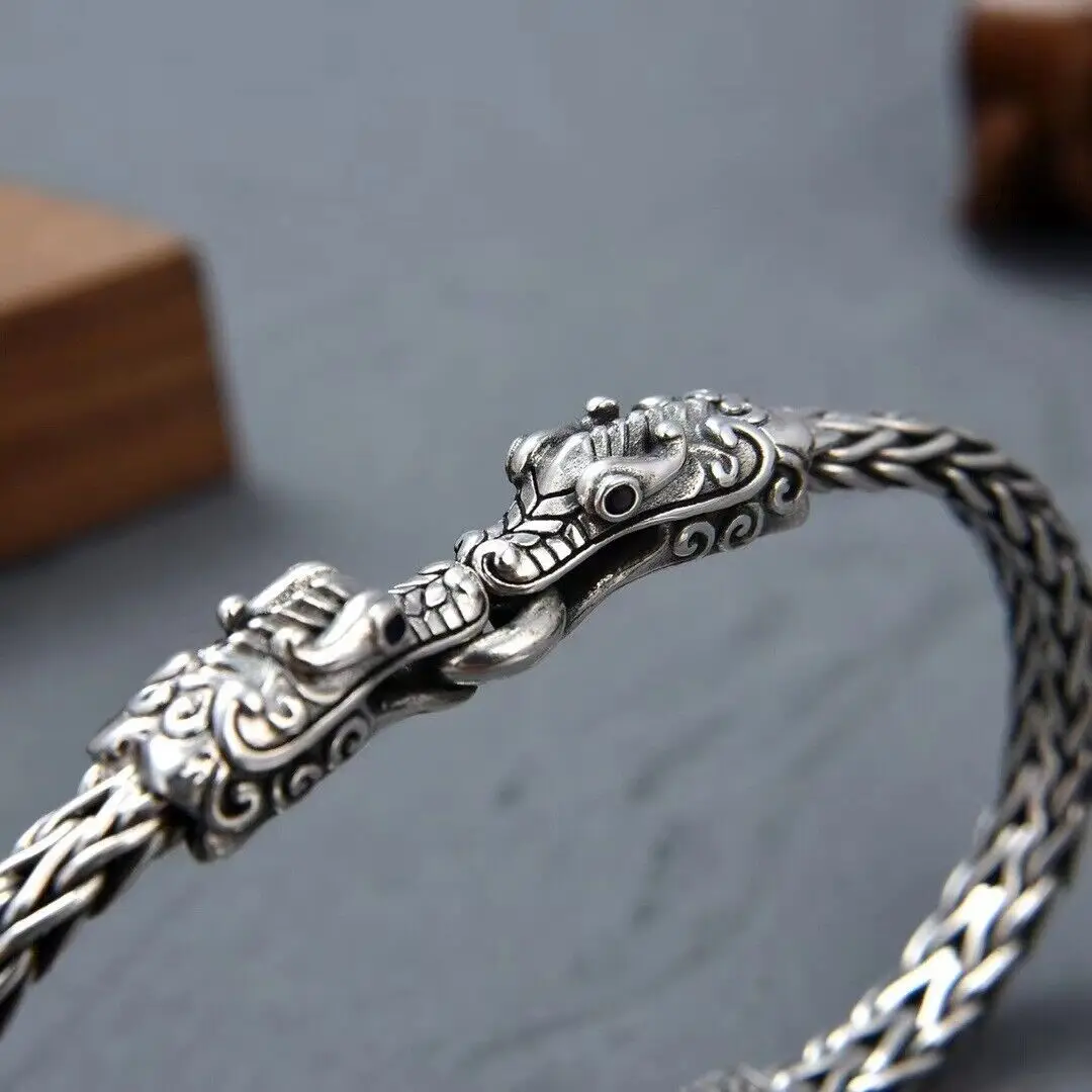 

Real 925 Sterling Silver Double Dragon With Square Wheat Link Bracelet 7.87inch