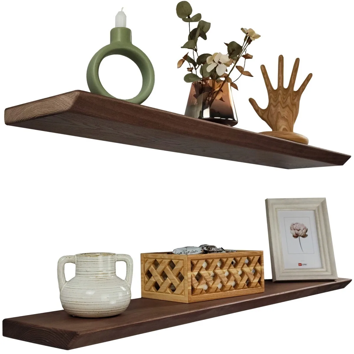 

Set of 2 Solid Ash Floating Shelves 24 Inch Wall Mounted Dark Walnut Modern Minimalist Wood Wall Shelves for Living Room