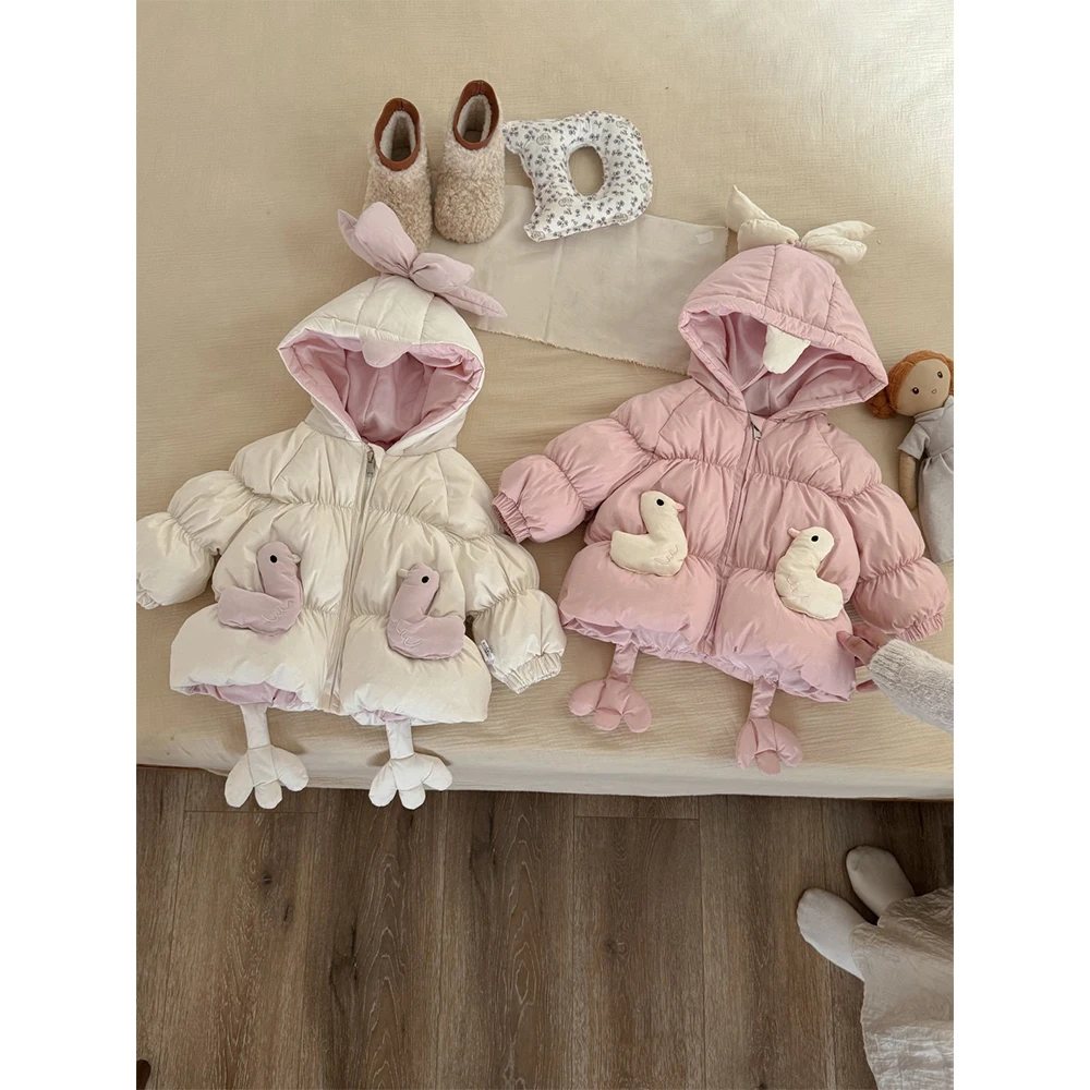 Kids Girls Cute Pink Puffer Jackets Cartoon Print Warm Hooded Mid Length White Duck Down Coat 1-6y Children Winter Thicken Tops