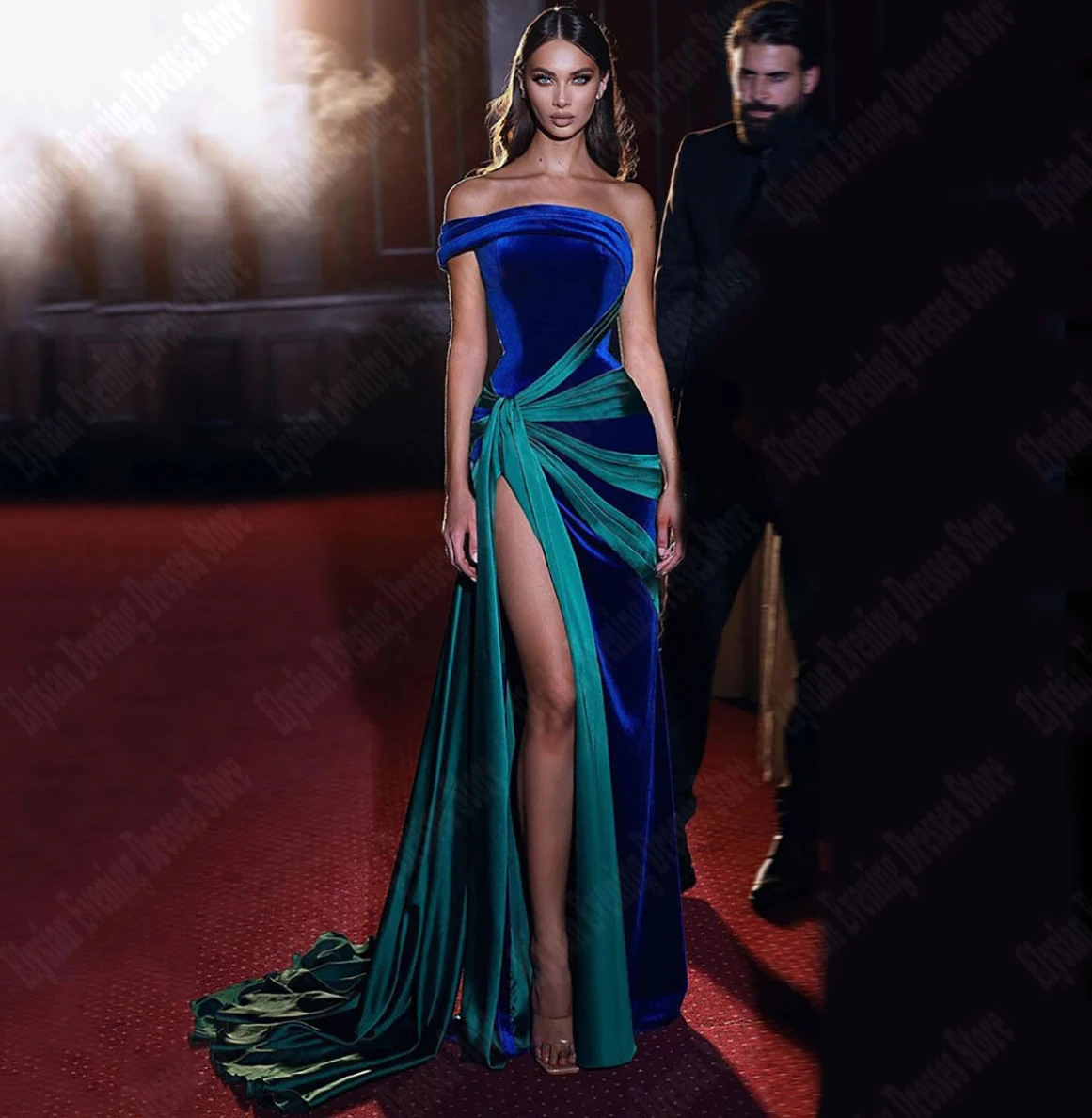 Smooth Glossy Satin Evening Dresses Off Shoulder And Off Back Princess Prom Gowns A Well-Designed Lace Up Fork Vestidos De Noche