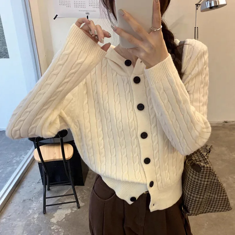 

Women Single Breasted Jumpers Long Sleeve Hoodies Sweater Solid Spliced Button Casual Knitted Sweaters Simple Regular Autumn