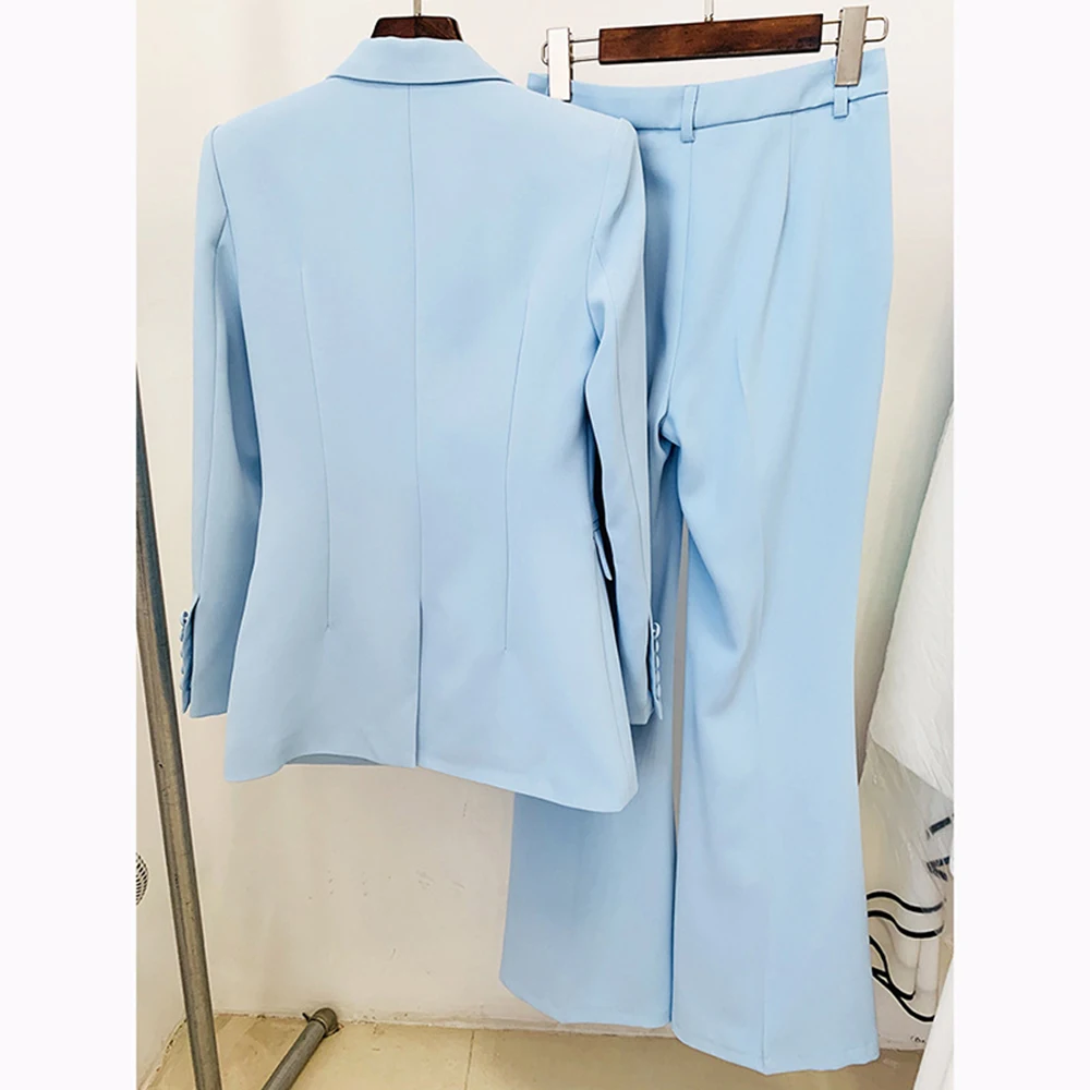 Sky Blue One Button Solid Blazer Flared Trousers Women Set Elegant Office Lady Coat Pants Suit