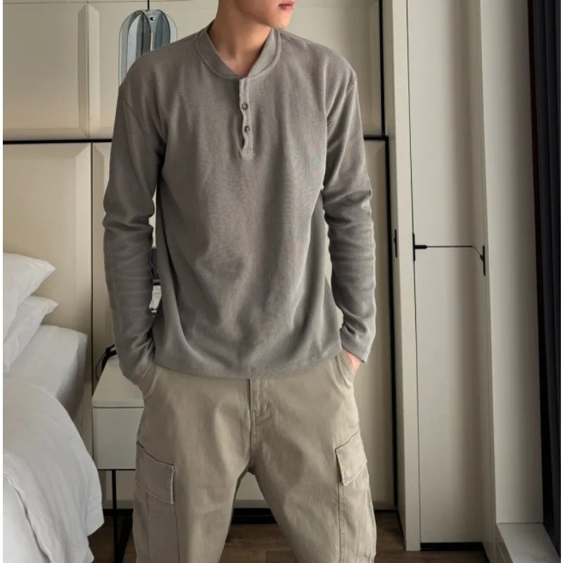 American Waffle Henry Neck Long Sleeve Men's Shoulder Solid Color Heavy Loose High-end Knitting