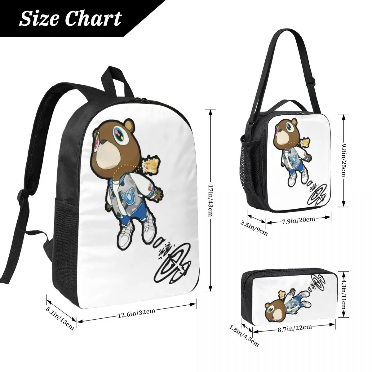 Kanye West Dropout Bear Chicago Vintage Graduation Backpack Boys Girls BookBag School Bag 3ps Insulated Lunch Bag Pencil Case