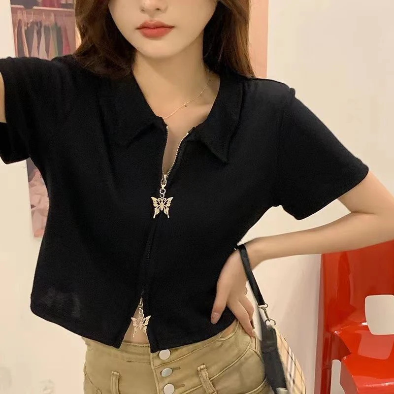 Bow Double Zipper T Shirt Women Summer Fashion Sweet Chic Crop Top Korean Slim Fit Y2K Black Turn Down Collar Short Sleeve Shirt