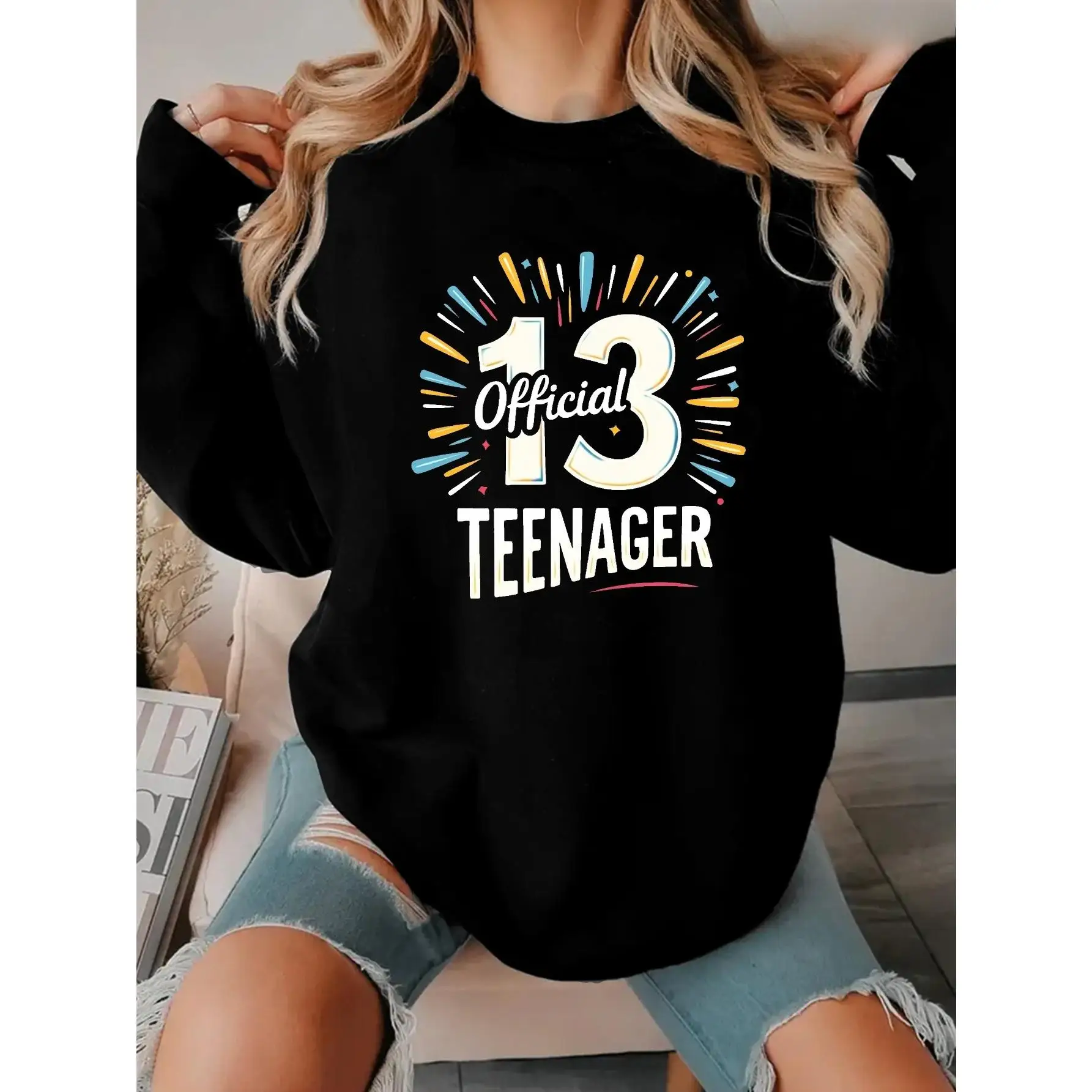 

Official Teenager 13th Birthday Sweatshirt Women's Girls Graphic Crewneck Pullover, Funny Thirteen Birthday Party Gift Top
