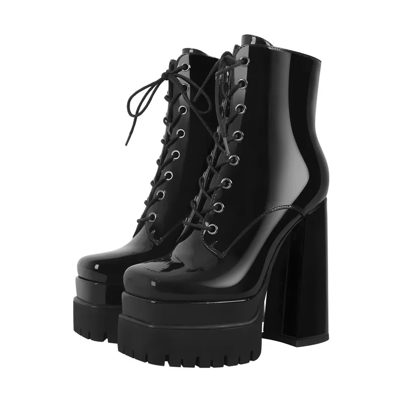 Onlymaker Women Platform Square Toe Ankle Boots Block Chunky High Heel Black Matte Lace Up Thick Party Dress Winter Booties