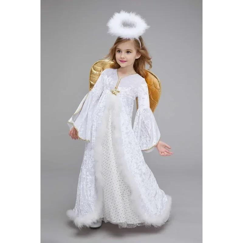 Fada de anjo para crianças, vestido extravagante de palco, Anime Cosplay Clothing, Golden Angel Wing Dress, roupa para crianças, festa para meninas