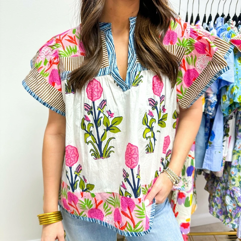 

Combhasaki женская летняя складная стильная укороченная рубашка с цветочным принтом контрастного цвета и v-образным вырезом, свободная блузка с рюшами и рукавами-крылышками Y2K