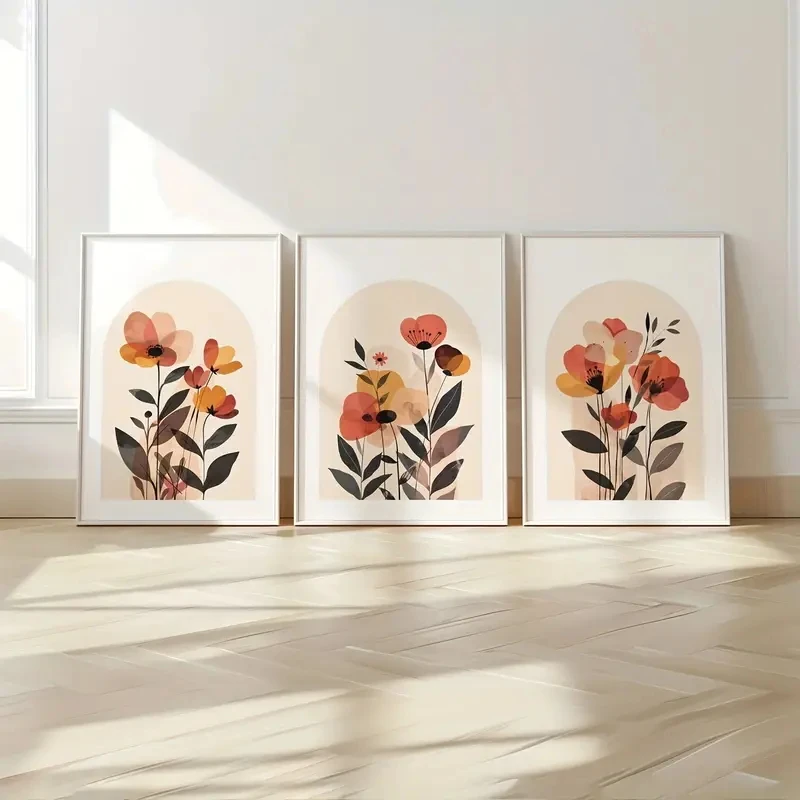 

3pcs/Set Beige Bohemian-style Abstract Floral Print Art Canvas Poster Plant Autumn Bedroom Living Room Corridor Wall Decoration