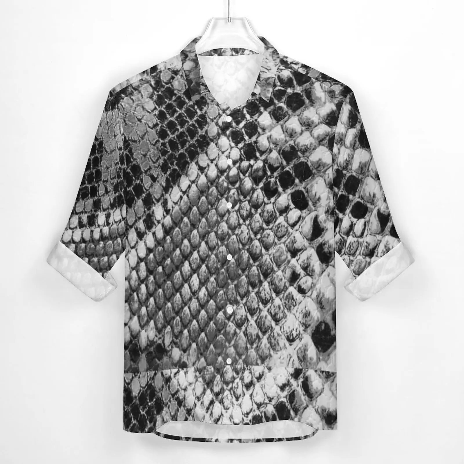 Black And Gray Snakeskin Shirt Male Classic Animal Skin Print Casual Shirts Design Blouses Long Sleeve Cool Oversized Clothing