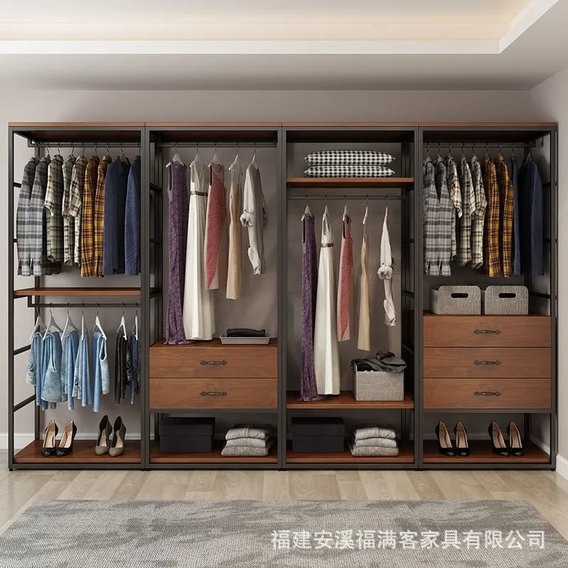 Open metal wardrobe storage drawer wrought iron hanger bedroom home solid wood wardrobe cloakroom rack