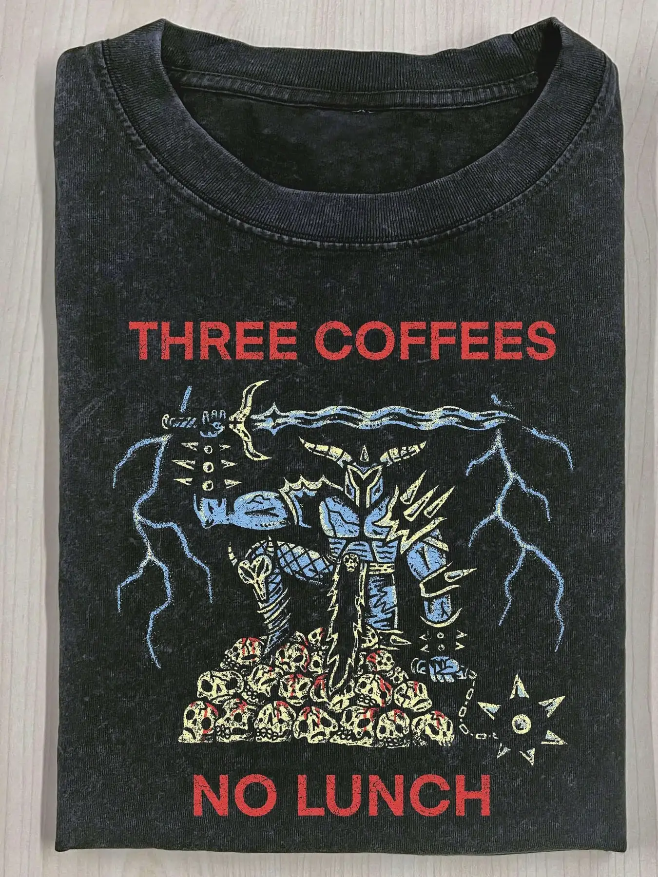 

Distressed Black Tee with Warrior Graphic, Wax Print Cotton, Retro Style