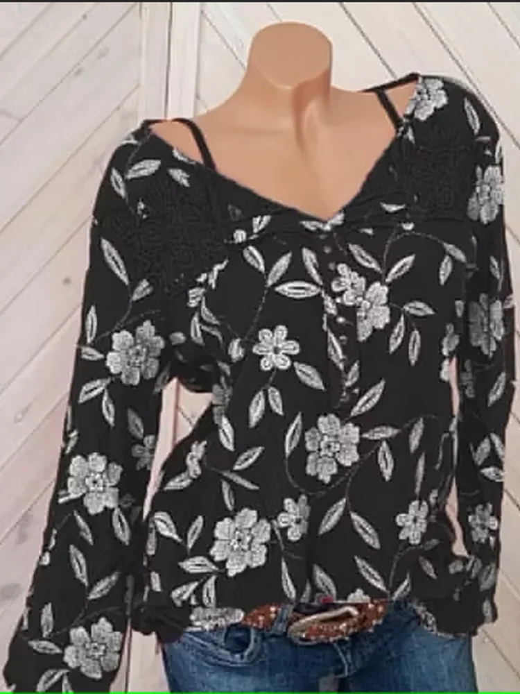 

Осенне-зимние женские топы, шифоновая повседневная женская модная блузка с v-образным вырезом и принтом, одежда, тонкая женская рубашка с длинным рукавом