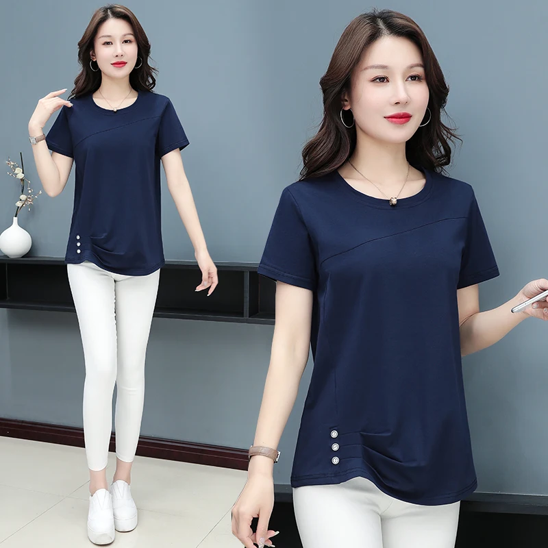 New Women'S Fashionable Comfortable Versatile Round Neck Short Sleeve T-Shirt Summer Mom Loose Casual Folded Irregular Top