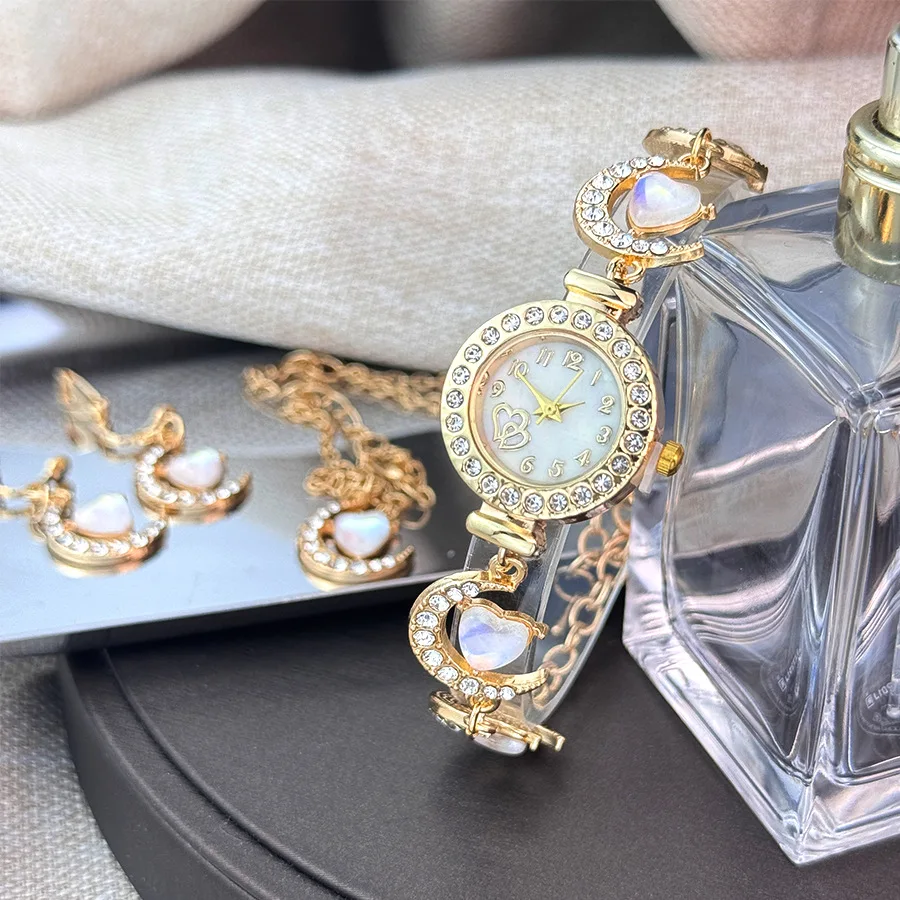 

Набор из 3 предметов: винтажный комплект украшений с луной и сердцем для женщин, часы с кварцевым механизмом, серьги, ожерелье, романтические аксессуары для повседневной носки, подарок