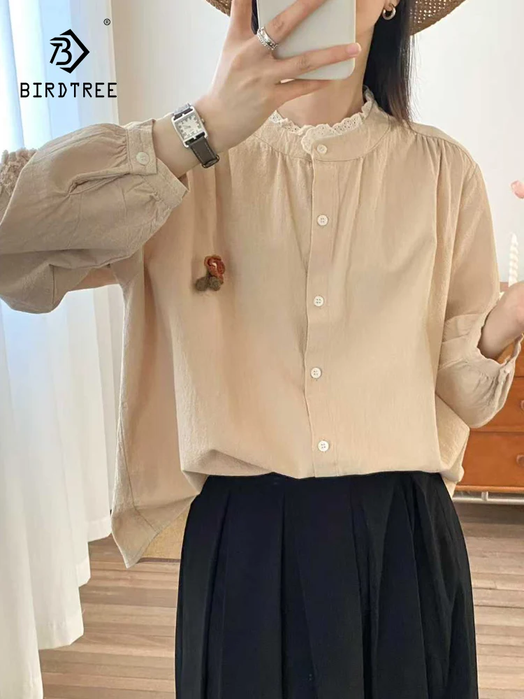 

Новинка 2026 года, весенняя хлопковая рубашка с длинными рукавами, женская кружевная вышивка, свободная блузка Mori Girl French Chic Age Reduction T61220CC