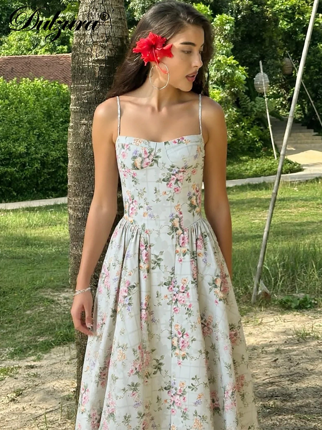 Dulzura ノースリーブバックレスボディコンプリントキャミプリーツマキシドレスセクシーエレガントカジュアルロングドレスパーティークラブストリート夏服