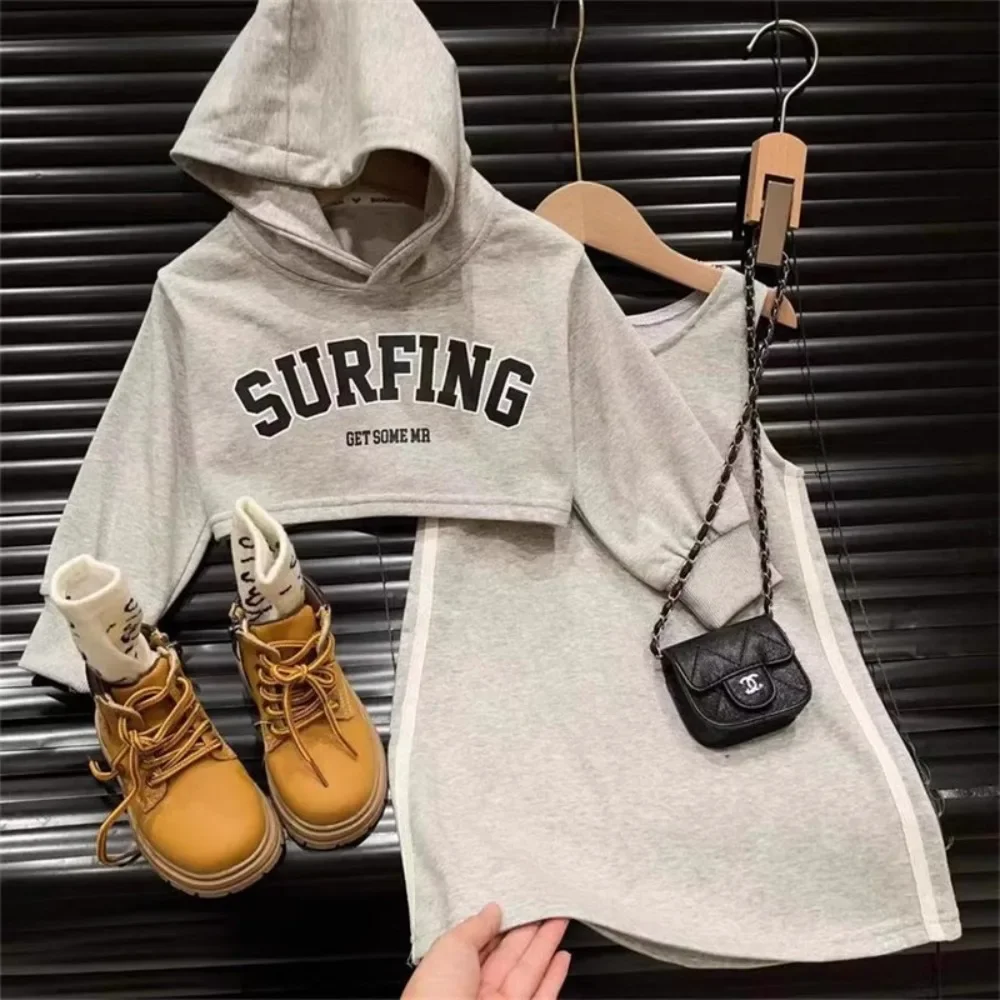 

Korean Version Fashion Autumn Girls Clothes Gray Casual Children's Suit Letter Printed Hooded Sweatshirt+Vest Dress 2 Pcs Set