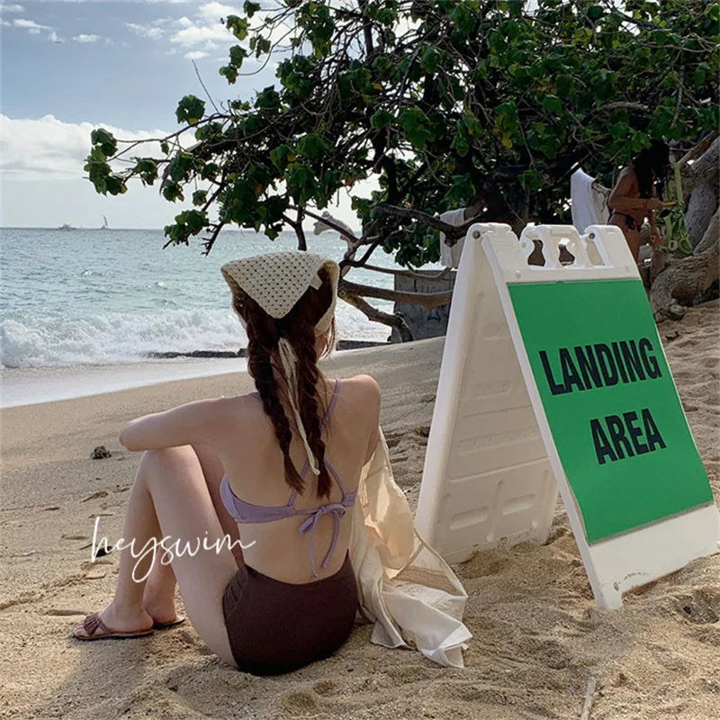 Roupa de banho feminina 2024 biquíni cor sólida banho sem costas sexy tankini duas peças primavera quente maiô roupas de praia