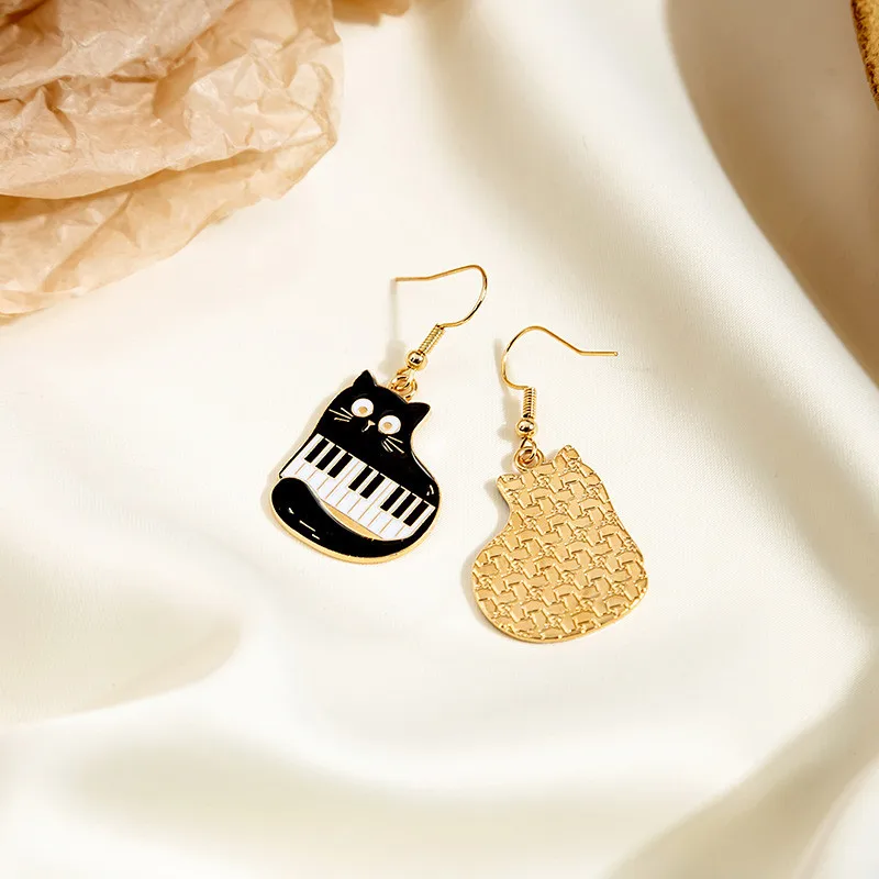 Cute Black Cat Music Piano Pendant Earring Fashion Retro Personality Kitty Dangle Ear Jewelry Party Gifts For Women Girls