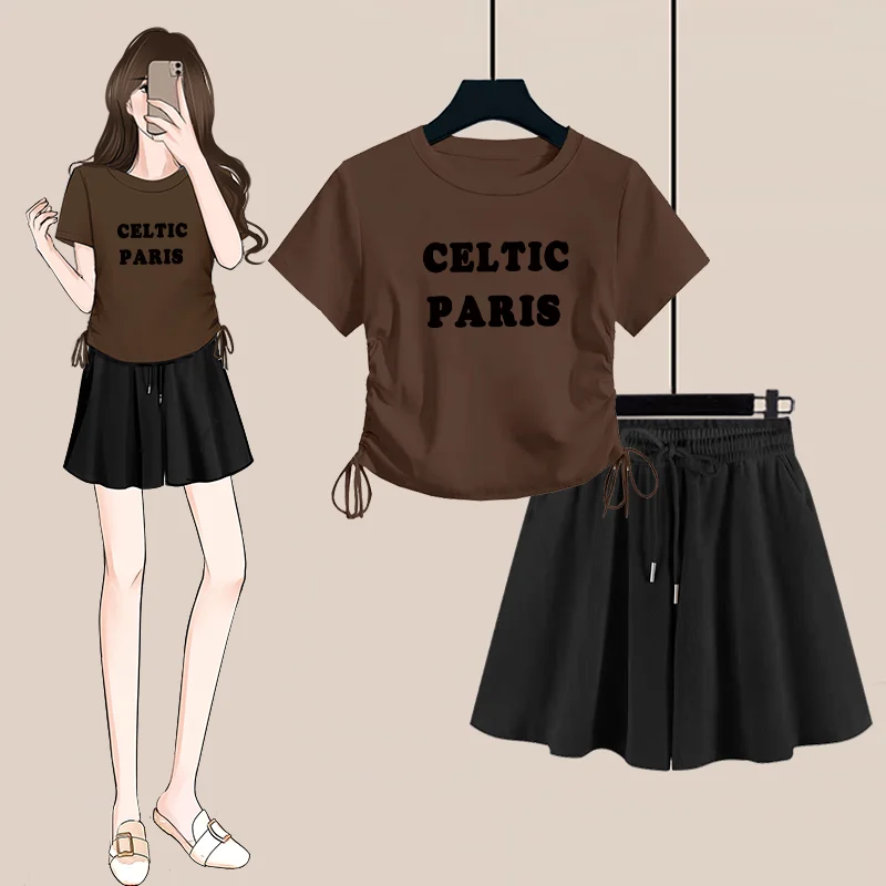 2025 صيف جديد إمرأة موضة جوكر الملابس مطابقة مجموعة سيدة سليم Shirring رسالة تي شيرت تنورة قصيرة الدعاوى بلايز السراويل الزي #6