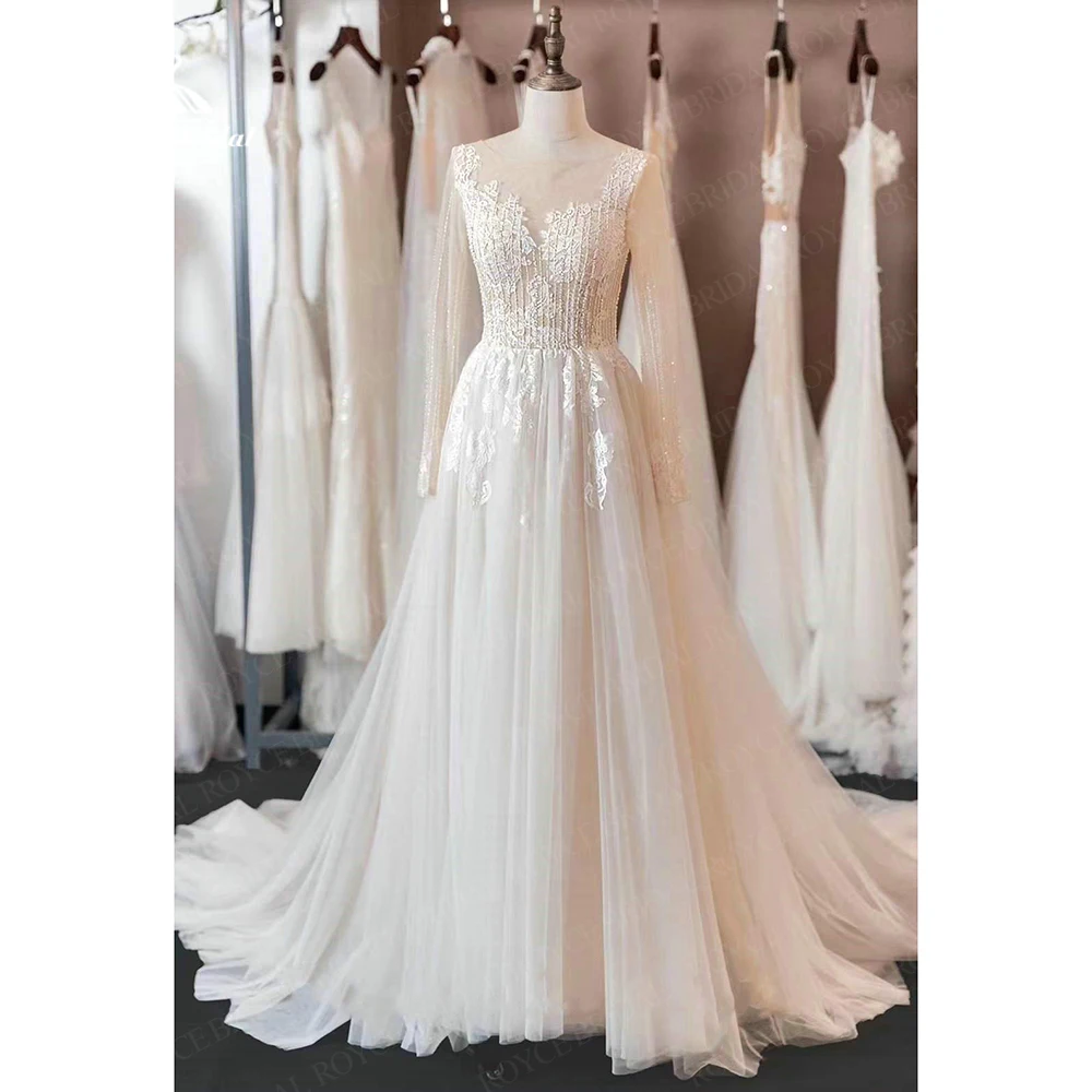 

Scoop Neck Sexy Lace Tulle Long Sleeve 2023 New Ladies A Line vitable Wedding Dresses Bride Elegant Guest Vestidos De Novia